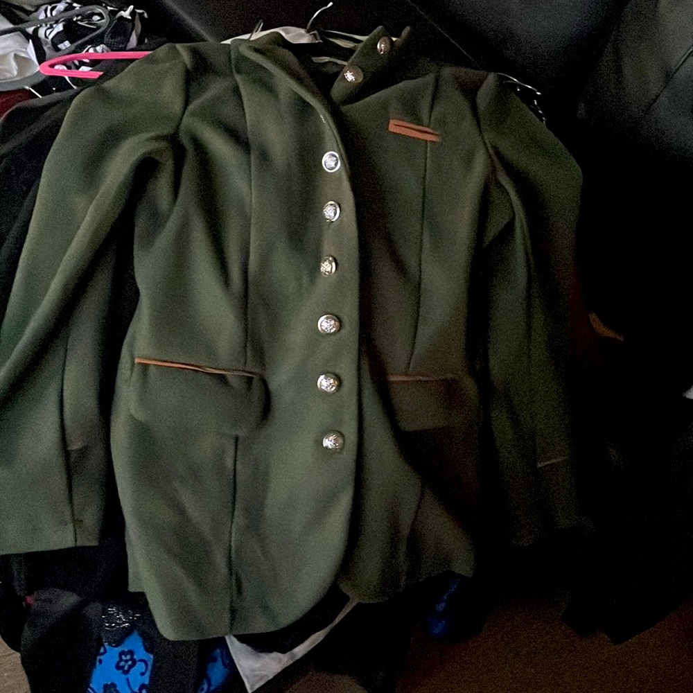 Military inspired forest green jack with metal buttons